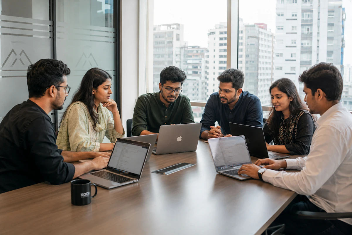 Equipo de una agencia digital reunido con portátiles